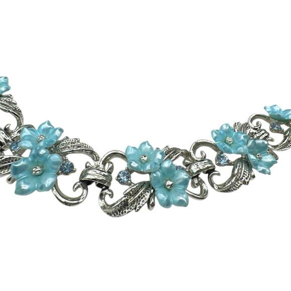 VTG Signed Star Blue Thermoset Floral & Blue Rhinestone Silver Tone Bracelet - Picture 8 of 9